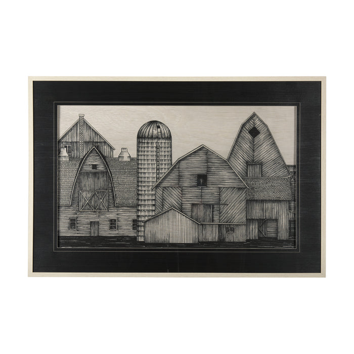 Illustrated black-and-white drawing of a farm by Mercana, "14924 Barn Building 2", framed in black and white.