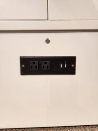 Sleek white power outlet with 2 sockets & Ethernet port, perfect for Cabinet Bed Inc's Barn Black Elite Series.