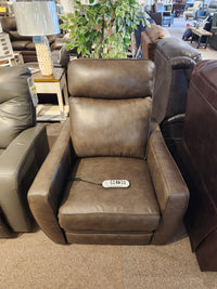 Sophisticated style: Palliser Oakridge 40180-C2, a brown leather lift chair with headrest, durable springs, remote, in showroom.