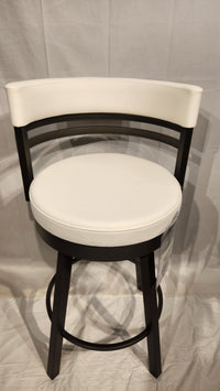 The Ronny Swivel Stool by Amisco: white, round seat with a curved backrest and gleaming metal accents.