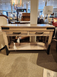 Handstone N-CH120 Chattanooga Sofa Table: two drawers, black metal accents, and lower shelf displayed on carpet.