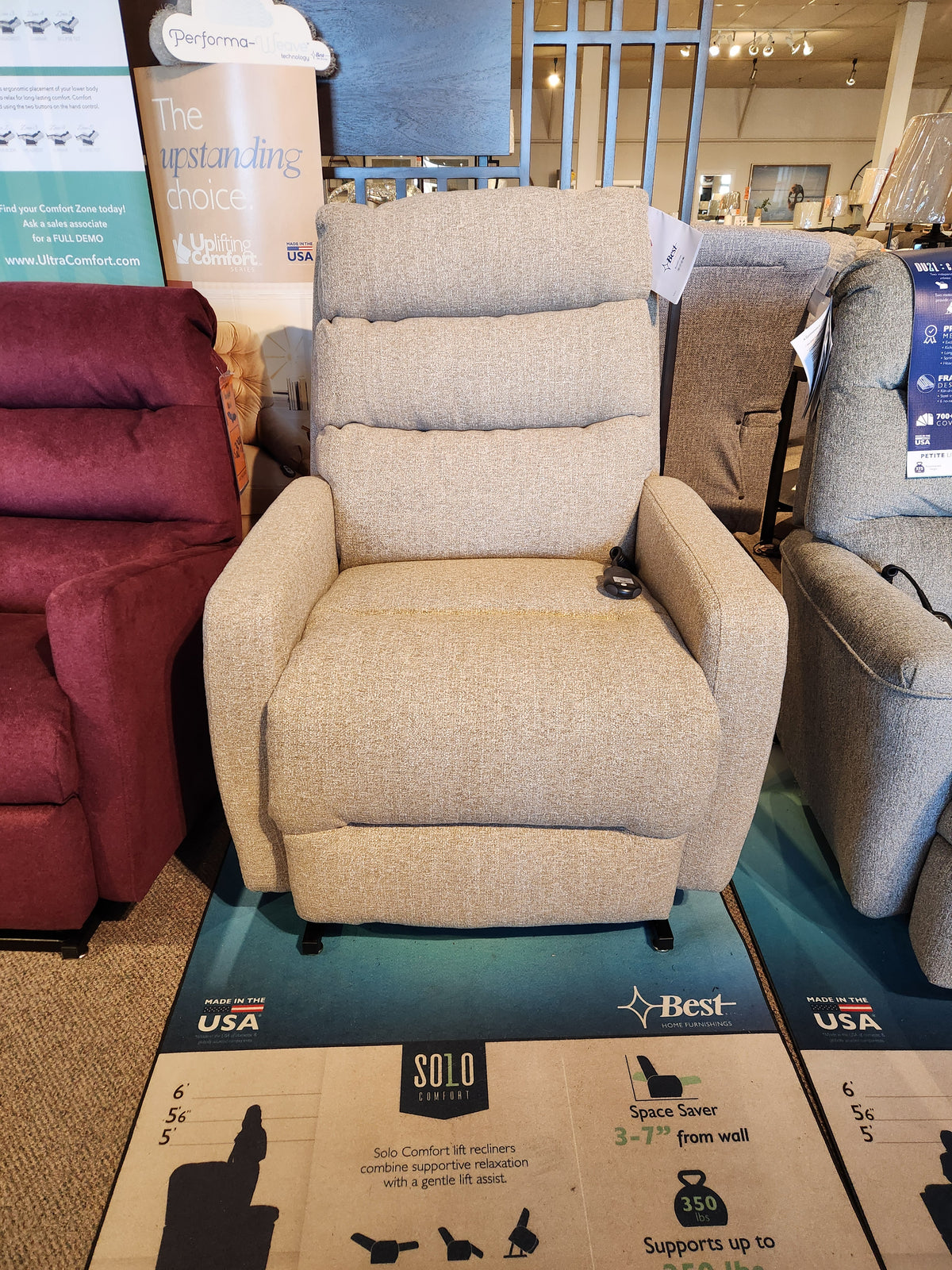 A beige Kristisha 9NZ31 Power Lift Chair by Best, with comfort positions, is featured and marked in-store.