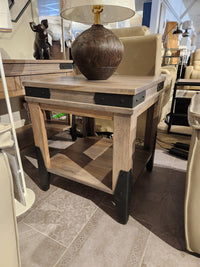 Handstone's Chattanooga Open End Table, wooden with black metal, features a lamp and is part of the N-CH23X Collection.