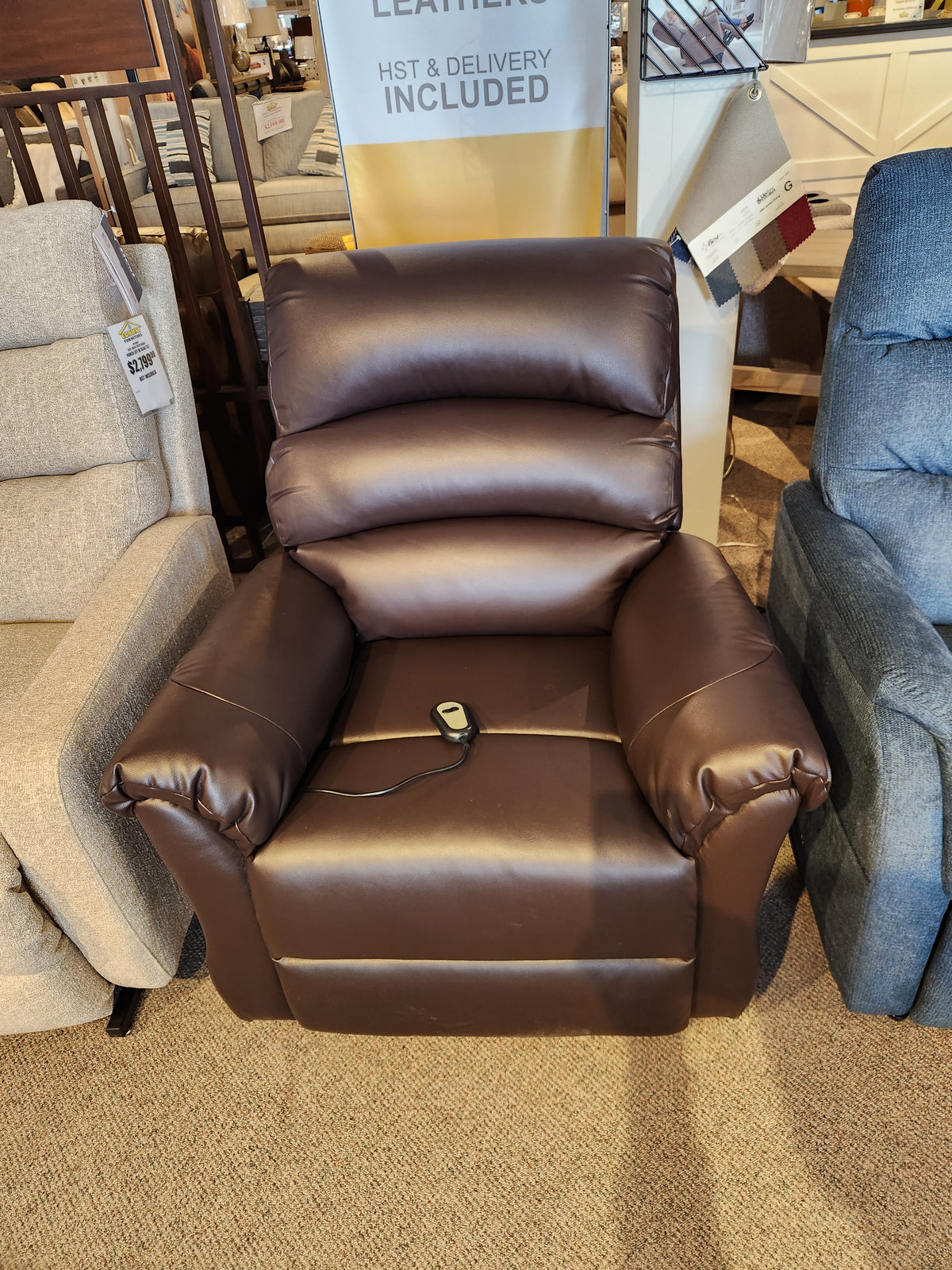 The Primo Fresna brown power lift chair with remote offers unparalleled comfort between a gray and blue chair.