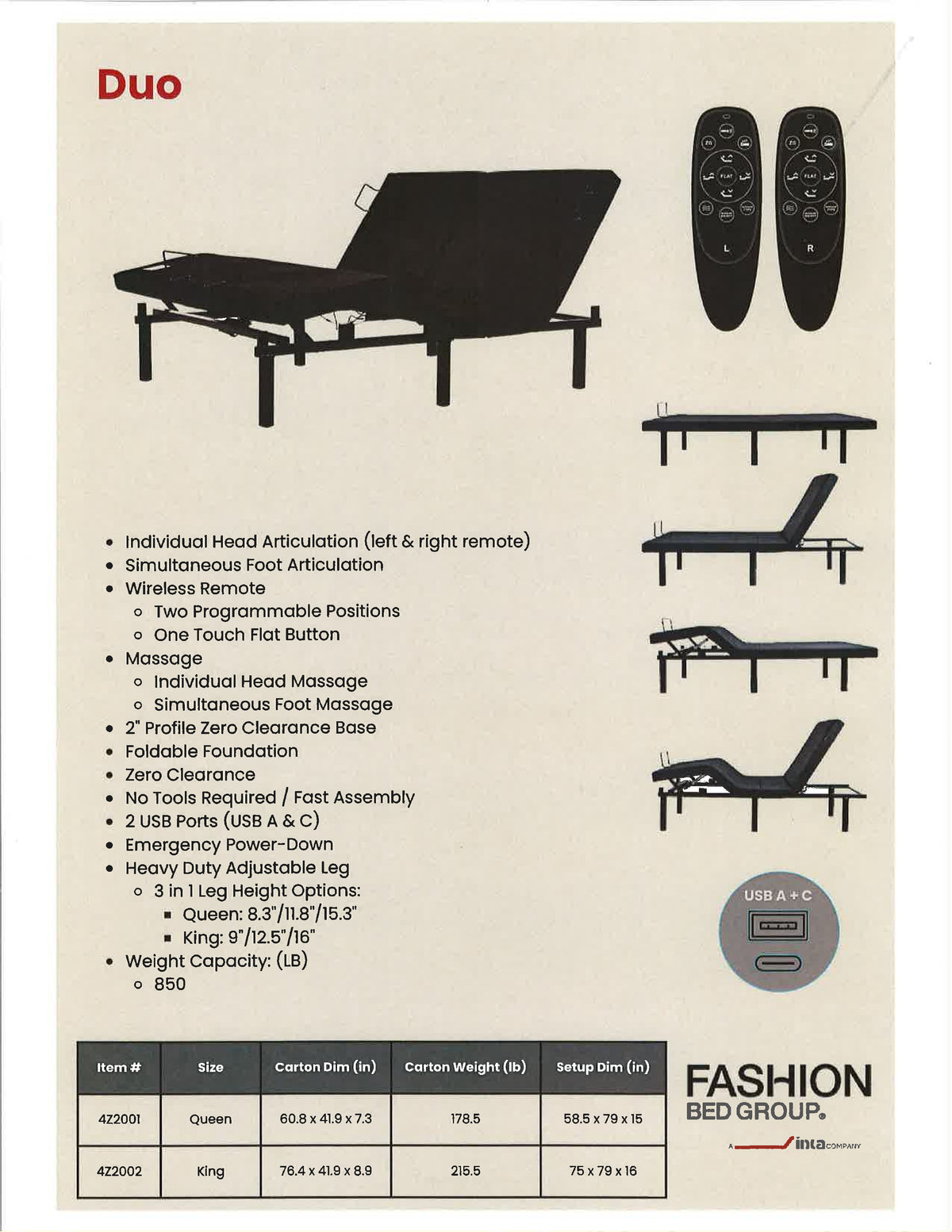 Fashion's Duo Adjustable Base brochure: wireless remote, massage, head tilt, USB ports; queen/king sizes.