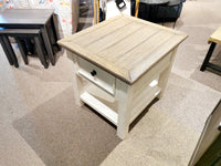 Ashley Bolanburg End Table: light brown square top, antique white base, and drawer with black knob.