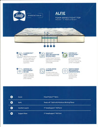 Introducing the Sealy Alfie TT Medium Mattress, a revolutionary sleep product crafted with CleanProtect fabric and SealyLoft quilt to ensure unparalleled comfort. Made entirely of foam, this mattress incorporates CertiPUR-US certified foam alongside Sealy support HD foam and is proudly manufactured in Canada.