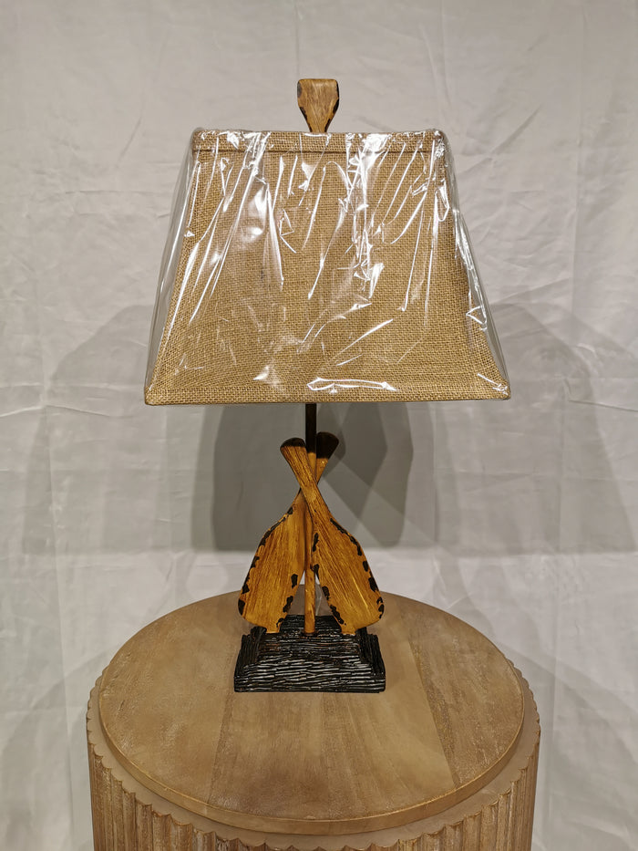 Crestview Collection Oar Accent Table Lamp features a rectangular fabric shade on a wooden base against a plain backdrop.