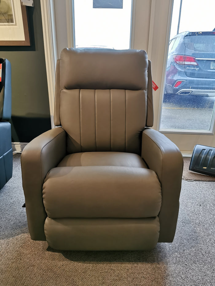 La-Z-Boy 747-10 Finley Leather Rocker Recliner in gray by a showroom window with a car visible outside.