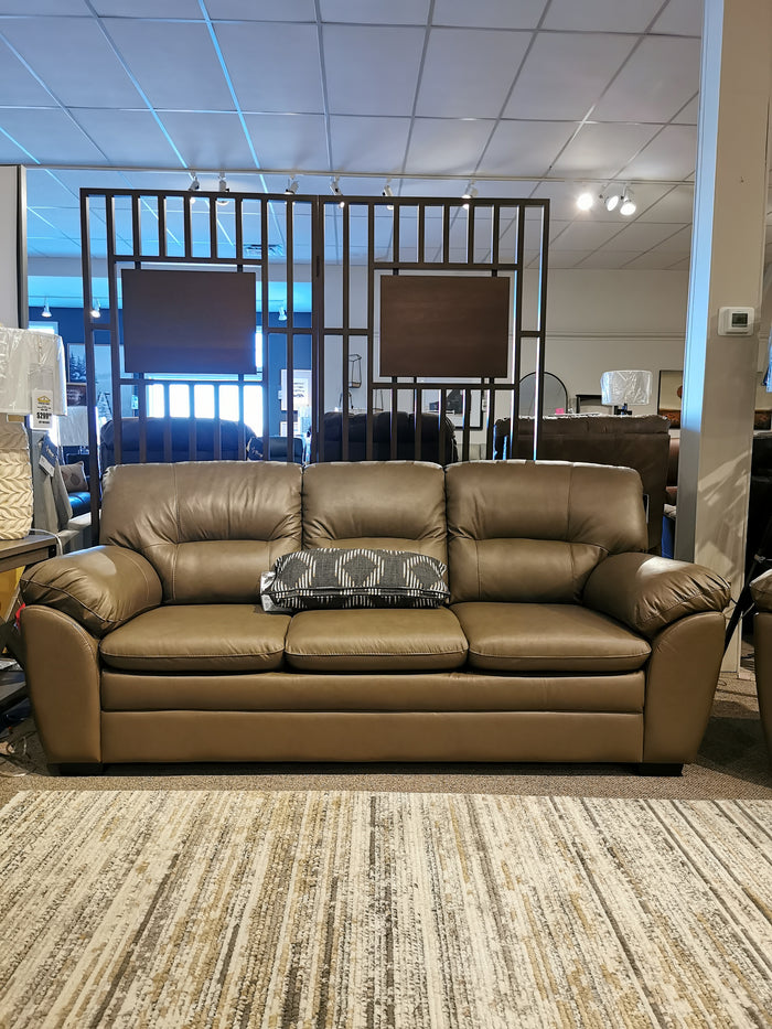 A Palliser 77343 Amisk sofa with a patterned cushion and striped rug in front.