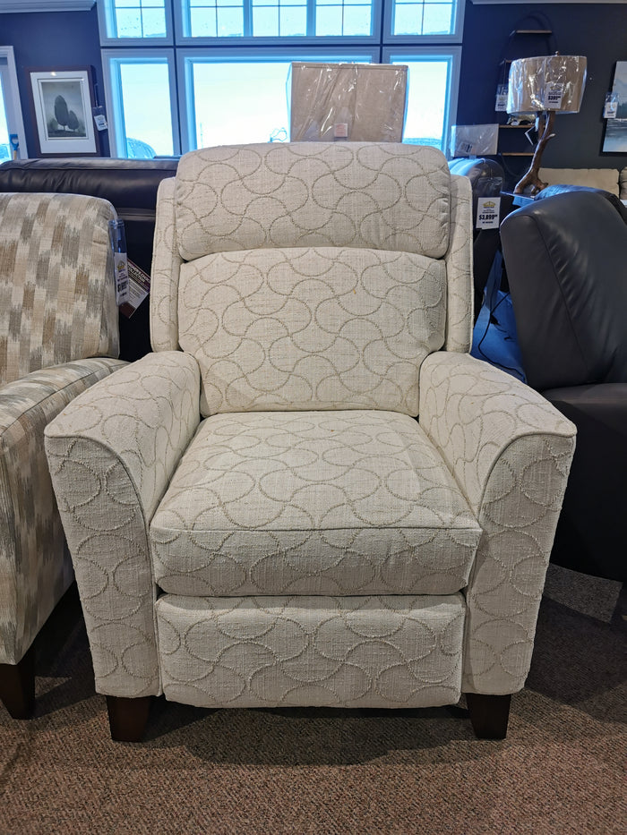 La-Z-Boy's 458 Rheeves Hi-Leg Recliner: Beige pattern, wood legs, showcased with sofas. Made in USA.