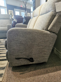 Side view of the La-z-boy 747 Finley Reclining Sofa in gray with ultra-plush chaise seat on a carpeted floor.