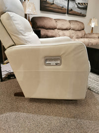 Side view of the 787 Lennon Power Rocker Recliner by La-Z-Boy, a white leather chair with armrest controls for comfort.