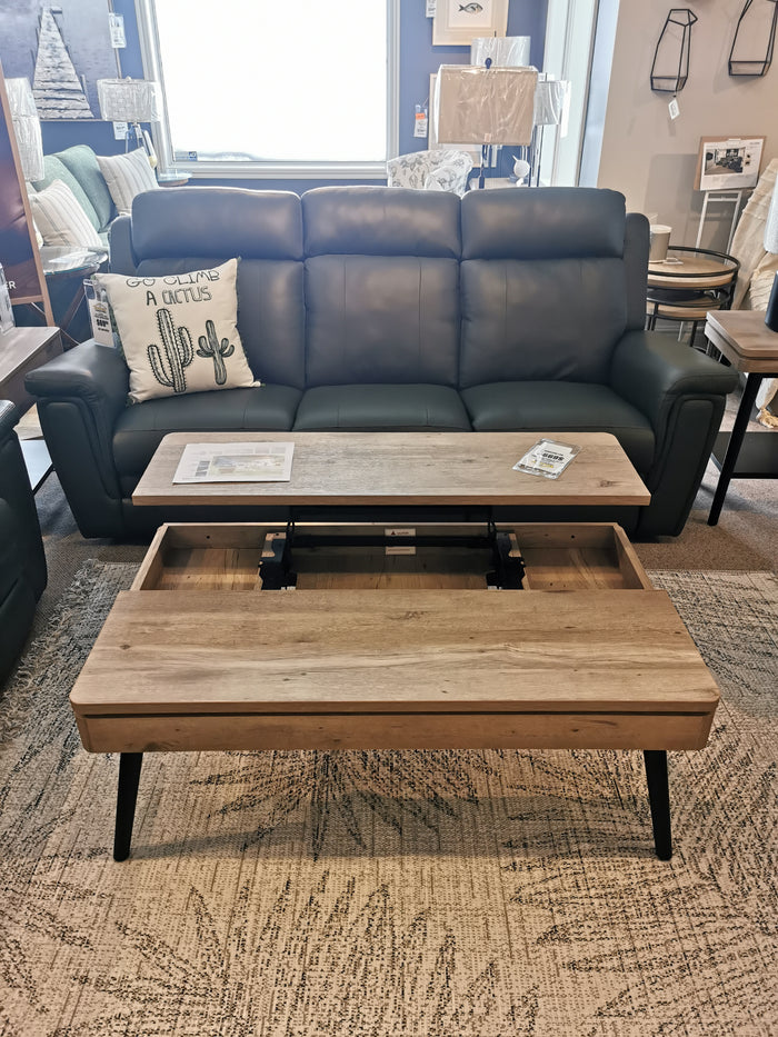 Magnussen's T5864 Fletcher table in Driftwood and a gray leather sofa with pillows exude contemporary charm.