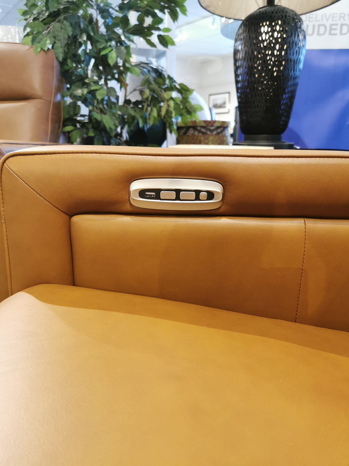 Close-up of Timberland Power Chair by Aurora Furniture with headrest & controls. A potted plant and lamp are in the background.