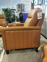 Side view of the Aurora Furniture Timberland Power Chair in brown leather, priced at $2,799.99, on showroom display.