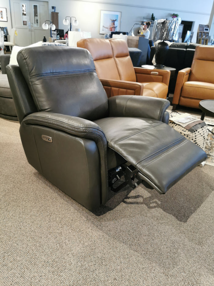 The Cascade Power Chair by Aurora Furniture is a black leather recliner with Zero Gravity and an extended footrest.