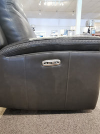 Side view of the gray Cascade Power Sofa by Aurora Furniture with Zero Gravity, control buttons, and lighting displays.