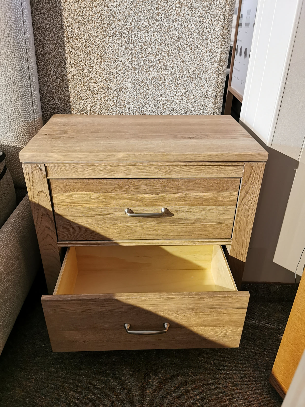 830 2-Drawer Nightstand by Vaughan Bassett in American White Oak with a natural finish; bottom drawer is open and empty.