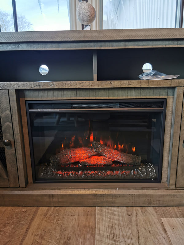 The Jofran Telluride Electric Fireplace Mantel features glowing logs, flames, and subtle storage below.