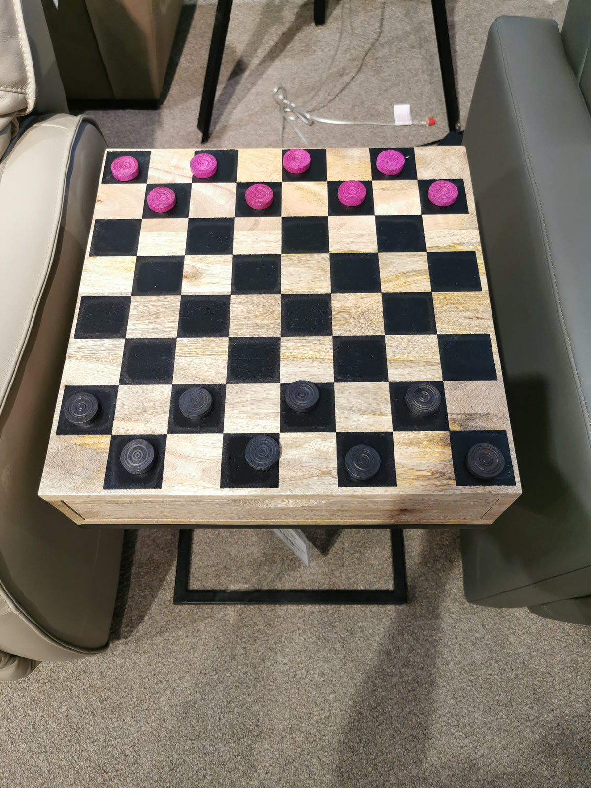 Fairchild Checkerboard C-Table by Jofran; finely crafted wooden board with red and black pieces.