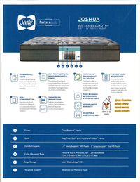 The flyer for the Sealy Joshua ET Soft Mattress emphasizes features such as gel-infused foams and an 800 Coil series, offering a supportive yet comfortable sleeping experience. It also highlights an edge design and moisture-resistant sleeping surface, along with detailed warranty information.