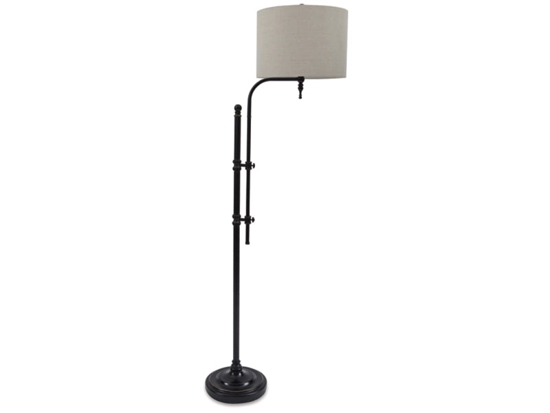 Ashley’s Anemoon Floor Lamp is designed with a sculptural black metal base, includes an adjustable rod to personalize your lighting preferences, and showcases a beige drum lampshade, all elegantly supported by a round foundation.