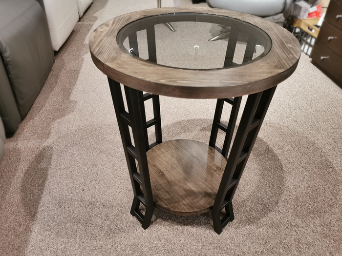 Null Furniture's 9021-06 Round End Table with gray glass inserts and lower shelf stands on a carpeted floor.