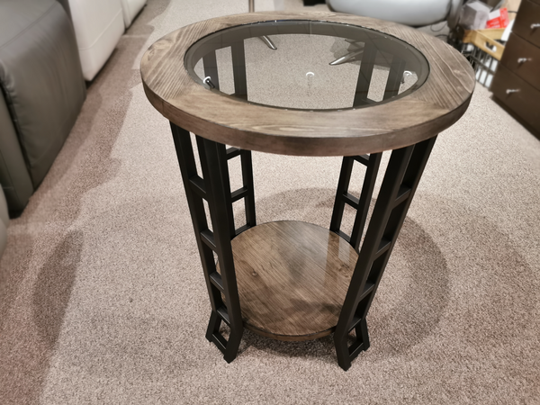 Null Furniture's 9021-06 Round End Table with cedar veneer, glass top, lower shelf on a beige carpeted floor.