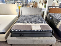 A showroom showcasing the RMDH H3 Euro Pillow Top Soft Mattress by Sealy on a grey upholstered bed frame, surrounded by various bed models and furniture, provides a rejuvenated sleeping environment enhanced by cushioning gel-infused foam.