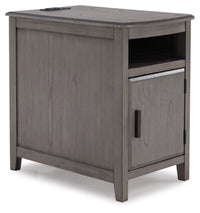 Devonsted T310 Chairside End Table by Ashley: Gray wood with storage, shelf, and side USB port.