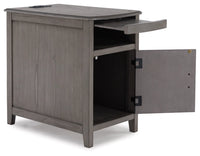 Ashley Devonsted T310 Chairside Table: Gray wood with open drawer, interior space, and top USB charging compartment.