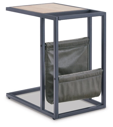 Ashley Freslowe T931 Chairside End Table with matte black finish, elm veneer top, and dark green fabric magazine holder.