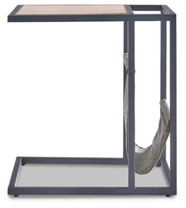 Ashley Freslowe T931 is a minimalist chairside table with a matte black metal frame and fabric sling underneath.