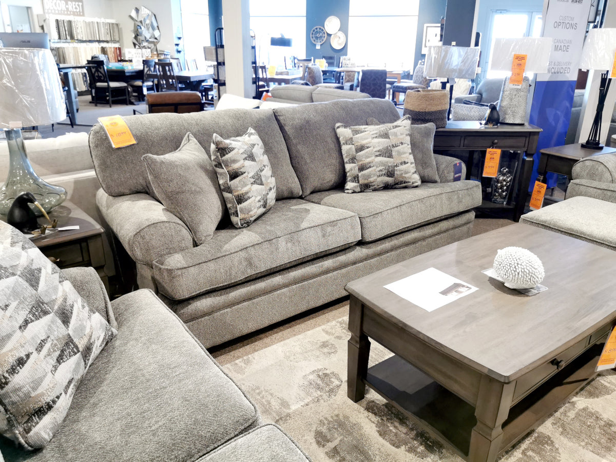 Canadian-made Trendline 4610 Sofa with solid hardwood and patterned cushions, available in a furniture store.