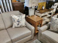 Modern room display with two gray sofas, an Ingleton 14" Lamp Table by Winners Only, and a wooden cabinet in the background.