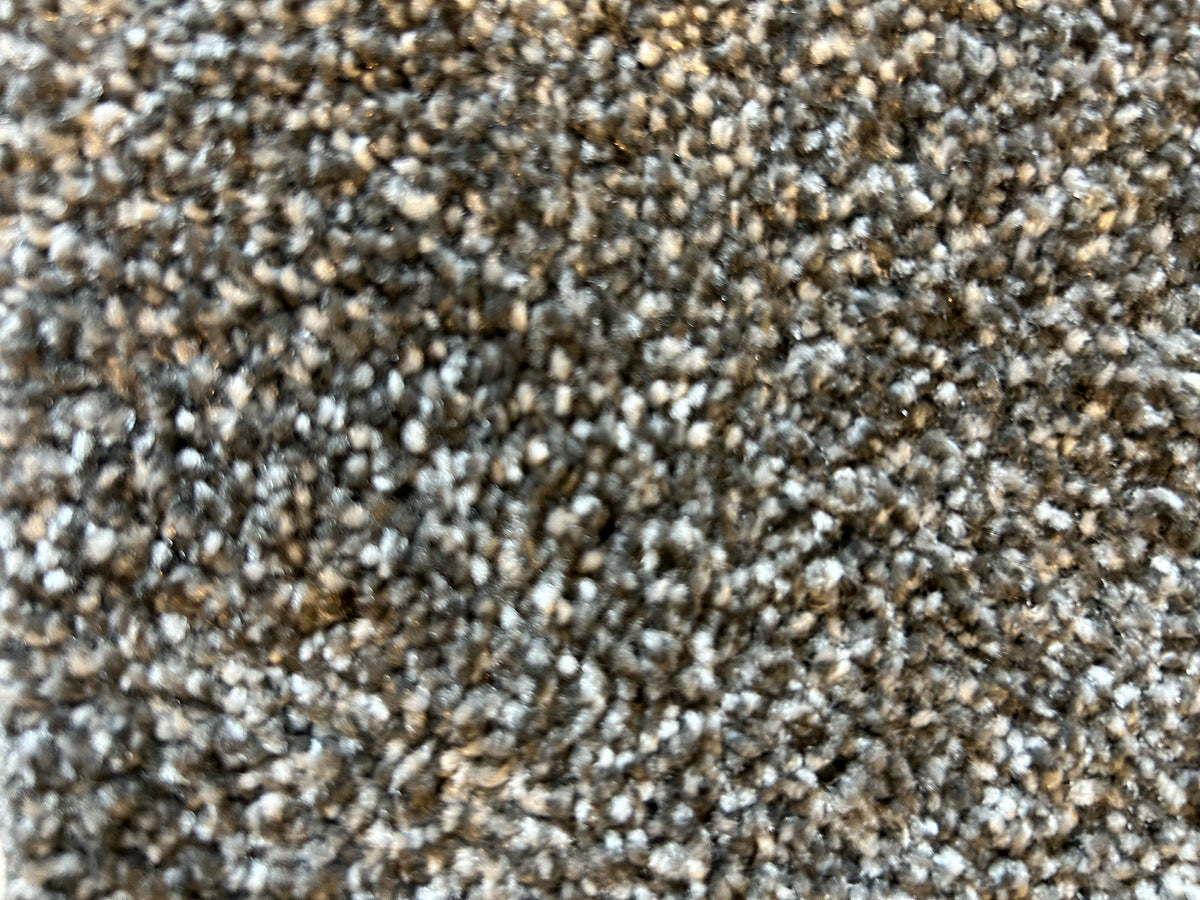 Close-up of Mannington Entice Carpet in Col Charm, featuring gray textured fibers with a speckled pattern.