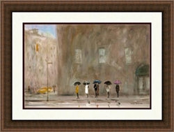 The framed painting "Waiting On A Cab" by Picture Depot depicts five people with umbrellas walking on a street, set against a blurred cityscape with a yellow taxi in the background.