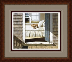 Framed painting titled "Home Again" by Picture Depot, featuring a cat dozing on a sunlit porch. The artwork includes details of an open door and window, as well as wooden shingles and cast shadows.