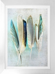 An artistic depiction titled "Turquoise Feathers" by Picture Depot showcases five turquoise feathers in shades of blue, gray, and beige against a textured background. The piece is elegantly framed in a white glass art frame and measures 30" x 37".