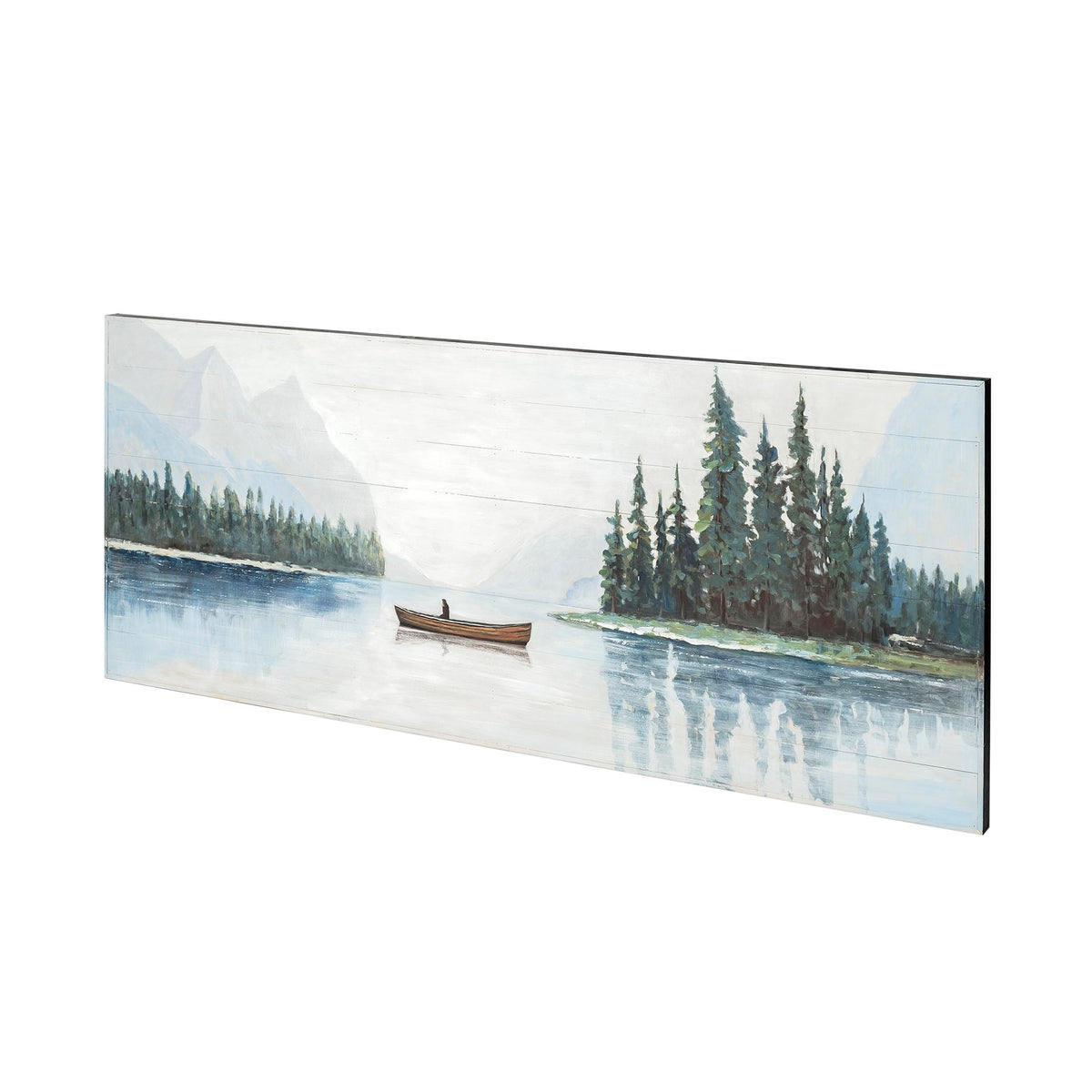 Nature-inspired, the hand-made panoramic oil painting, 68352 Solitude by Mercana, captures a serene lake with a canoe and trees on a distant shore, all framed by misty mountains.