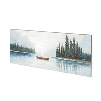 Nature-inspired, the hand-made panoramic oil painting, 68352 Solitude by Mercana, captures a serene lake with a canoe and trees on a distant shore, all framed by misty mountains.