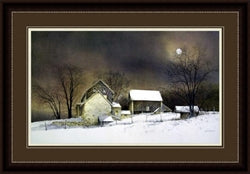 Under a winter night's tranquil sky, "New Moon" by Picture Depot depicts a snow-covered barn and farmhouse bathed in gentle moonlight filtering through the clouds. The full moon illuminates the bare trees surrounding this serene tableau, capturing the essence of a timeless farmhouse scene.