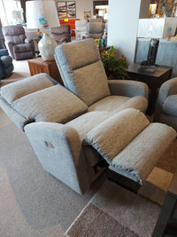 The La-z-boy 747 Finley Power Reclining Loveseat with Headrest, in gray, has modern lines and extended footrests.