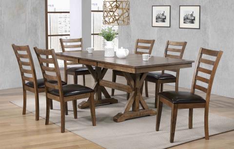 The dining room showcases the Newport Dining Set by Winners Only, featuring a solid hardwood table accompanied by six chairs on a stylish rug, epitomizing transitional elegance. A plant centerpiece enhances the ambiance, beautifully complemented by white teapots and framed wall pictures. This durable yet elegant setup blends function with charm seamlessly.