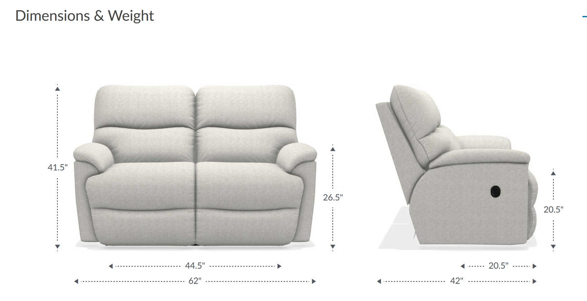 Illustration of the 724 Trouper Loveseat by La-Z-Boy, a beige loveseat ideal for family time, featuring dimensions: height 41.5", width 62", depth 44.5", seat height 20.5", and seat depth 26.5".