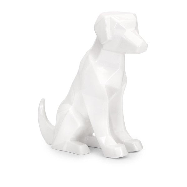 The Imax 83318 Winslow Porcelain Dog is an elegant piece of home decor, featuring a geometric design with angular features and a smooth white finish, depicted in a seated position.