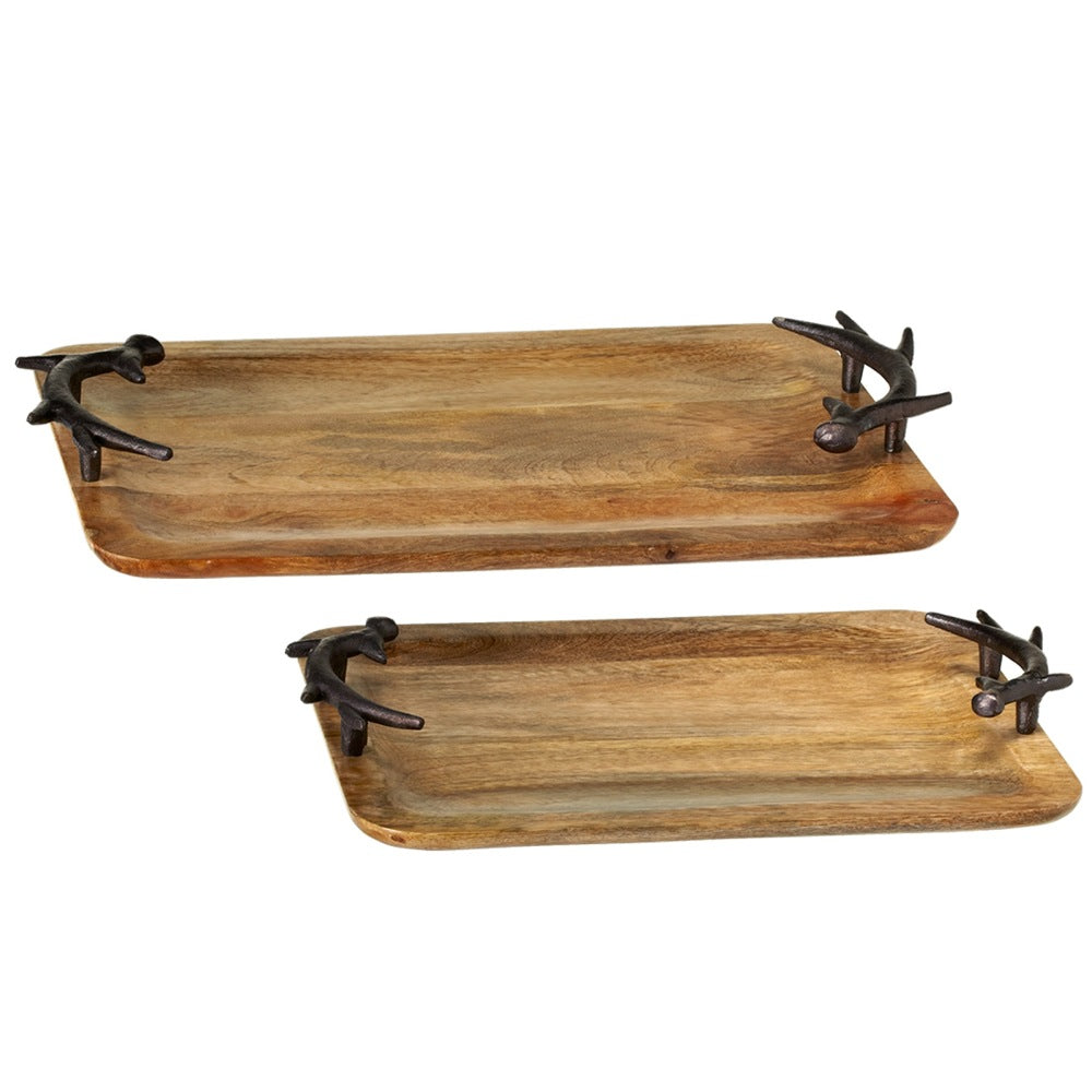 The Midwest Rectangle Antler Tray features two rustic wooden trays with antler-styled handles at the corners, elegantly displayed against a plain white background.