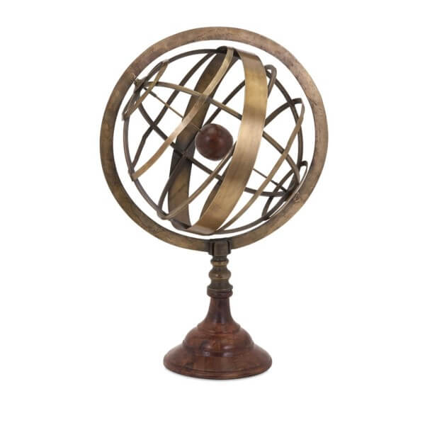 The Imax 81404 Armillary Globe is crafted from brass and wood, mounted on a round base, and showcases intersecting rings with a central sphere.