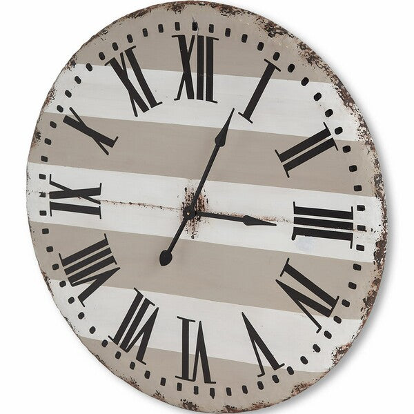 The 63093 Belton Oversized Clock by Mercana showcases hand-painted black Roman numerals and sophisticated hands set against a striped beige and white backdrop.